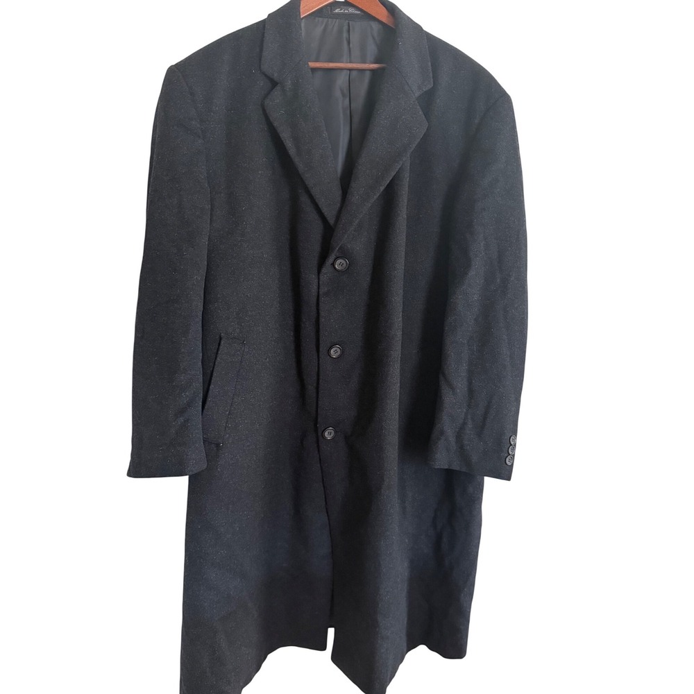Mens Charcoal Wool Cashmere Blend Long Overcoat Button Front Trench Coat XL 2XL
